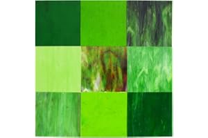 Wecrejoni 9 Sheets Variety Stained Glass Sheets,6 X 6" Cathedral Art Glass Variety Mixed Textures Glass Sheets for Stained Glass Projects, for Crafts (Green)