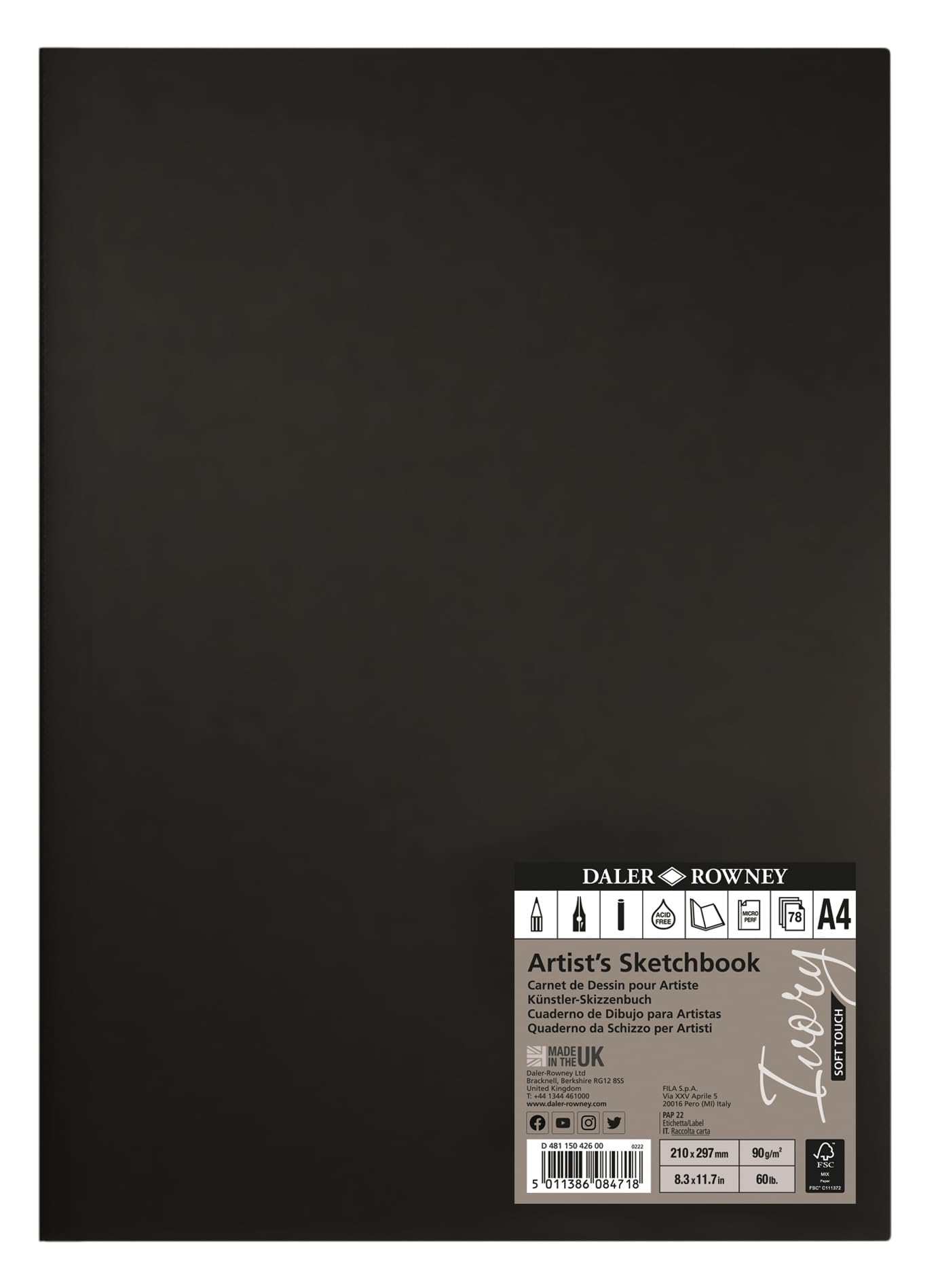 Daler-Rowney Ivory Sketchbook, Soft Touch Softbound, 90gsm, A4 Portrait, Natural White, 78 Sheets, For Professionals