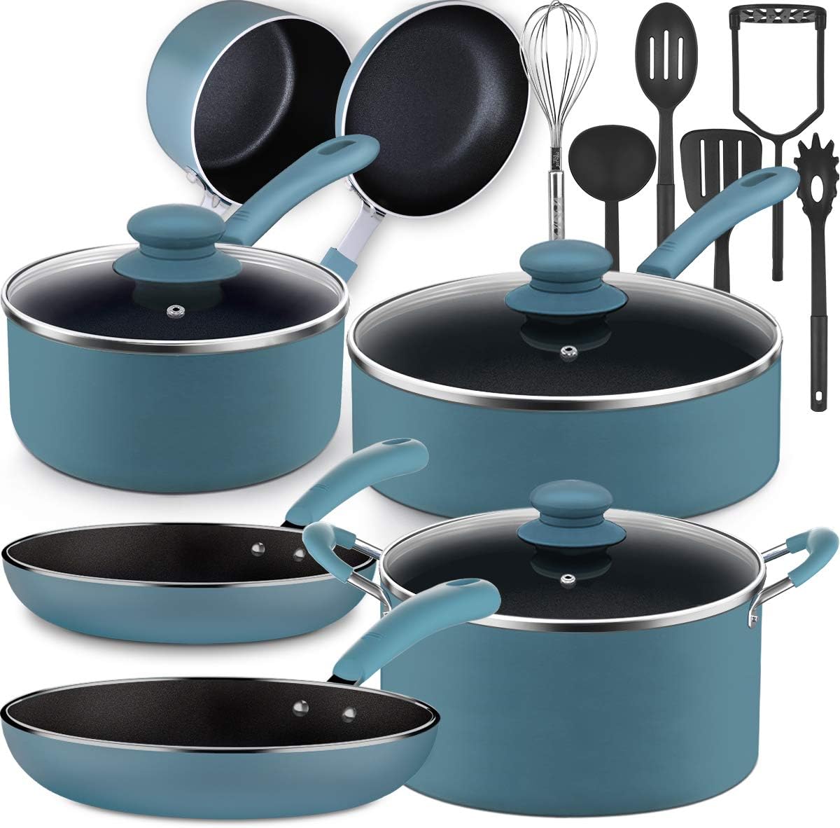 Lightning Deal Pots and Pans Set, Tri-Ply Non-Stick Coating, Induction Cookware Set with Silicone Cool Handles, Dishwasher Safe, PFOA Free, Easy Clean, Utensil Sets, Cranberry Red, 16pcs