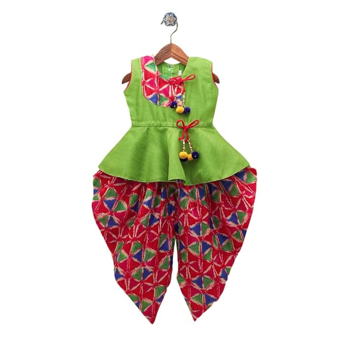 BownBee by Hopscotch Baby Girls Silk Blend Triangle Print Patch Peplum Dhoti in Green Color