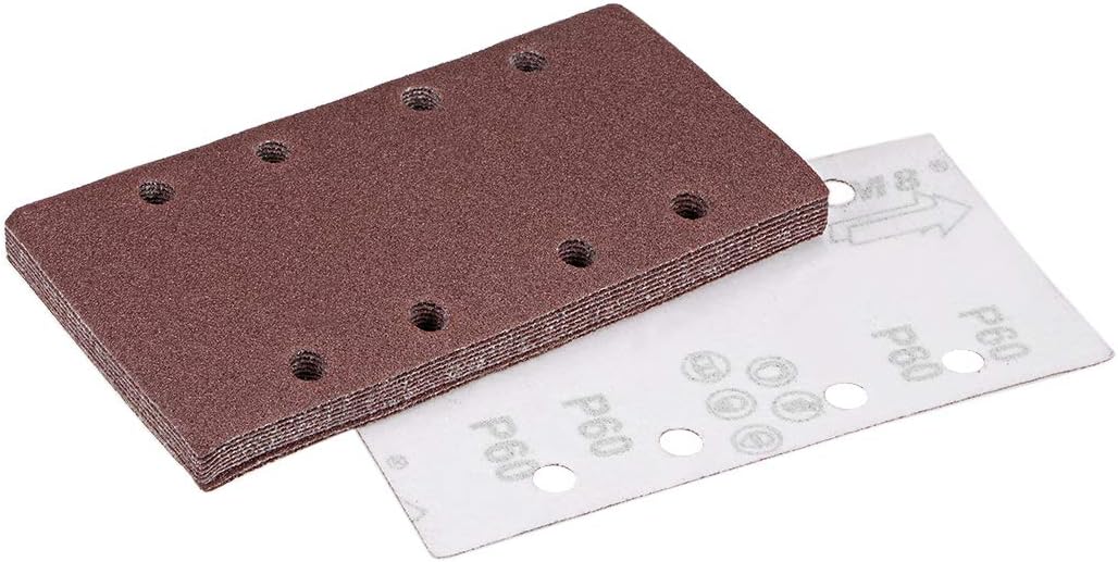 sourcing map 60 Grit 1/3 Sanding Sheet Sander Sandpaper Hook and Loop Pads 8 Hole 10pcs, Brown