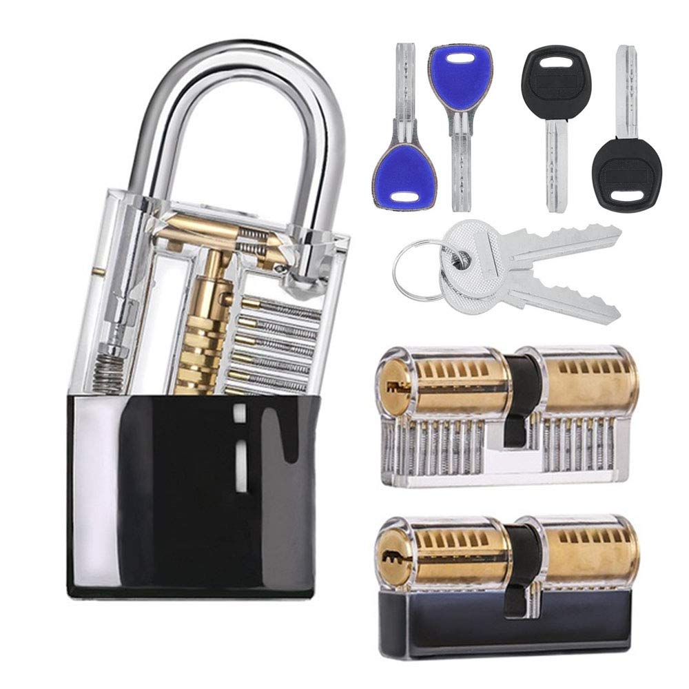 Loboo Idea 3pcs Lock Practice Tools Pick Set for Beginner and Pro Locksmiths, Transparent Padlocks Locksmith Equipment Kits, Including A Transparent Training Padlock, and 2pcs 2-in-1 Cylinder Lock