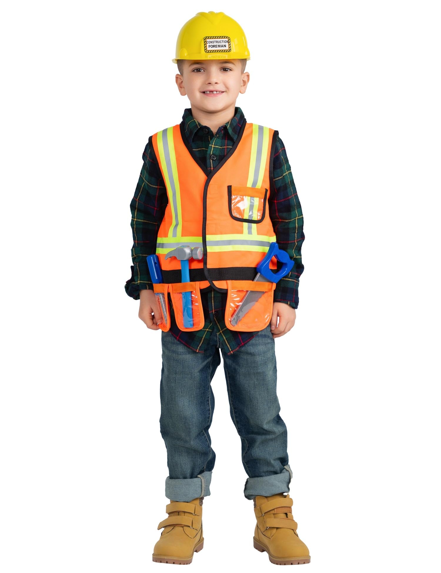Dress Up America Construction Worker Costume Play Set for Kids - Construction Builder Dress Up Kids for Boys and Girls (with Helmet)