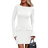 PRETTYGARDEN Womens Fall Long Sleeve Mini Dress 2025 Trendy Boat Neck Bodycon Knit Elegant Short Party Formal Dresses