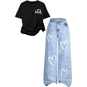 Malerotpc Girls 2 Piece Outfits Set - Love Print T-Shirt + Heart Print Wide Leg Jeans for Girl Clothes 7-14 Years