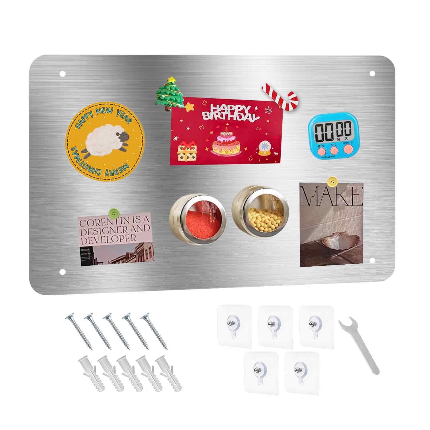 Photo 1 of HAOIVE Magnetic Board 17.5" X 11.7" Magnet Board for Wall Stainless Steel Metal Magnetic Board for Wall for Magnet Display Photos Office Supplies Kitchen Stuff Bulletin Board Vision Board(Silver 1PC)
