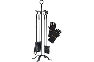 Lichamp Fireplace Tools Set, 5-Pieces Indoor Outdoor Sturdy Fire Place Poker Sets with Retro Handle and Heat Resistant Leather Gloves, FTS55BK