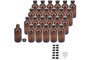 BPFY 24 Pack 4 oz Amber Boston Glass Bottle with Black Poly Cap, Funnel, Chalk Labels, Pen for Homemade Vanilla Extract, Essential Oils, Wedding, Christmas, Holiday Gift