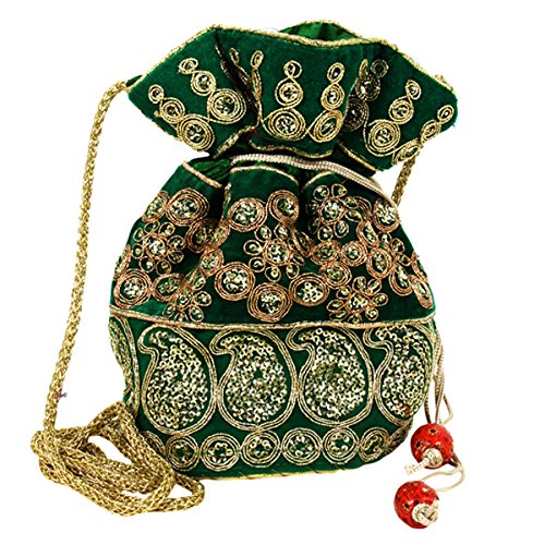Purpledip Potli Bag (Clutch, Drawstring Purse) For Women With Intricate Gold Thread & Sequin Embroidery Work, Green Color (10039)