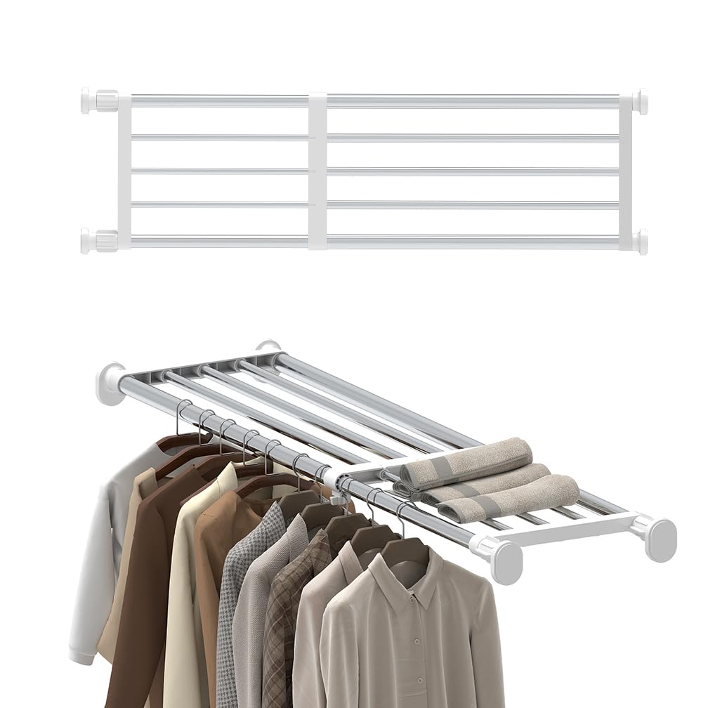 Hershii Tension Shelf Expandable Rod Closet System Heavy Duty Clothes Hanger Adjustable DIY Storage Organizer Shoe Rack 84-117.5cm, Width: 25cm