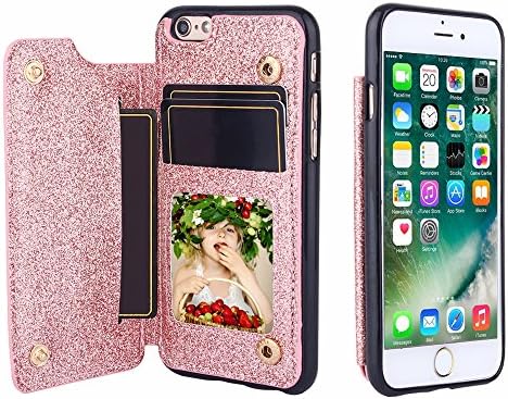 CSTOP ZOOM Series, iPhone 7 Wallet Case, 3 ID Credit Card Slot, Cash Slot, Button Snap, Flip-Out Back Leather Drop Protection Case For iPhone 7 (4.7 Inch) - Glitter Rose Gold