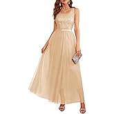 BeryLove Sequin Dress for Woman Vintage A Line Wedding Formal Swing Mesh Dress Sleeveless Cocktail Maxi Gowns