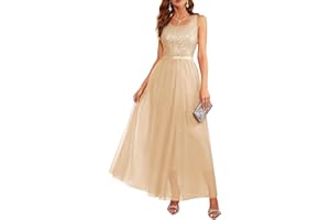 BeryLove Sequin Dress for Woman Vintage A Line Wedding Formal Swing Mesh Dress Sleeveless Cocktail Maxi Gowns