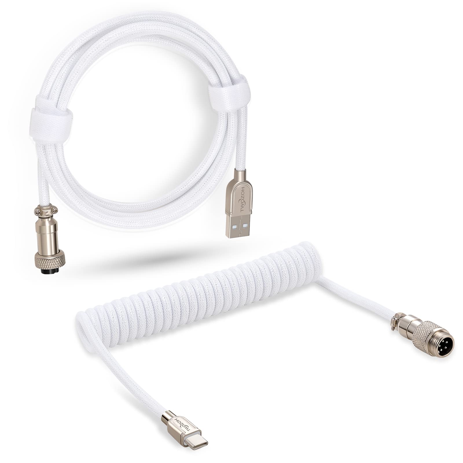 Twozoh USB C Keyboard Coiled Cable, Braided Detachable Aviator Double Sleeve Type C Mechanical Keyboard Cable (White)
