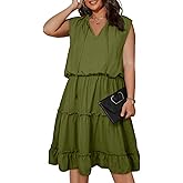 Eytino Womens Plus Size Sleeveless V Neck Drawstring Ruffle Tiered Chiffon Mini Short Dresses,(1X-5X)