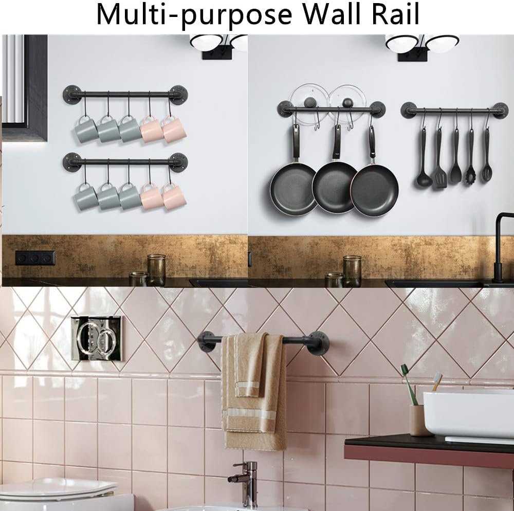 OROPY Wall Mounted Pot Pan Rack 21'' Set of 2, Industrial Utensils Wall Holder Iron Pipe Kitchen Hanging Rail with 10 S Hooks Black: Home Improvement