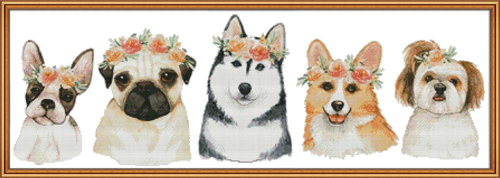 YEESAM ART Cross Stitch Kits Stamped for Adults Beginner Kids, Pug Husky Bulldog Dogs Wreath 11CT 109×42cm DIY Embroidery Needlework Kit with Patterns Needlepoint Christmas