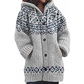 ACWUMU Women's Hooded Cardigan Colorful Pattern Knit Sweaters Graphic Print Hoodies Jackets with Pockets