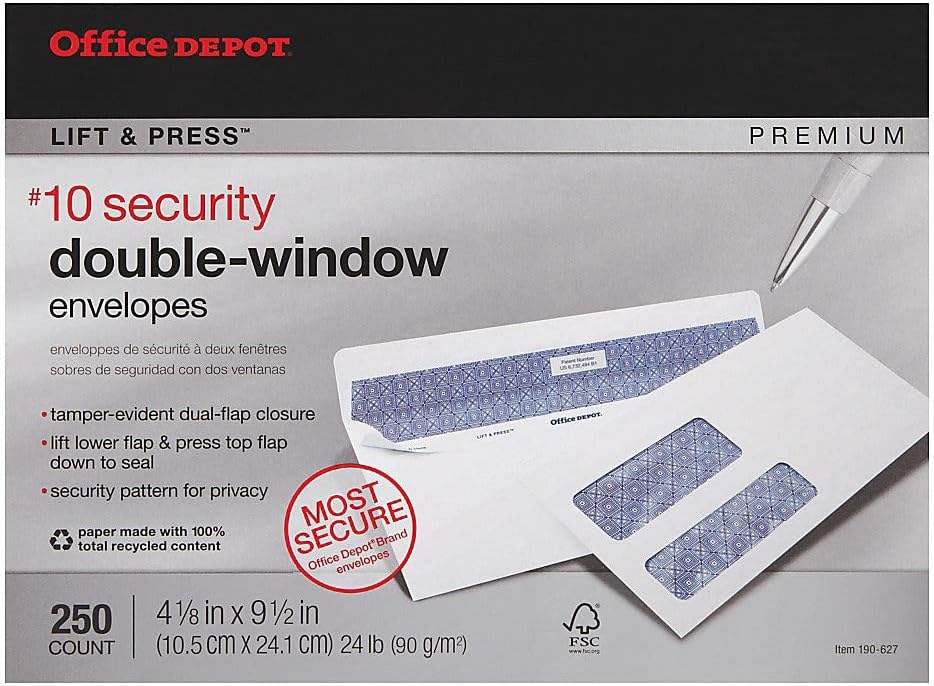 Office Depot 100% Recycled Lift Press(TM) Double-Window Envelopes, 10 (4 1/8in. x 9 1/2in.), White, Pack of 250, 76134