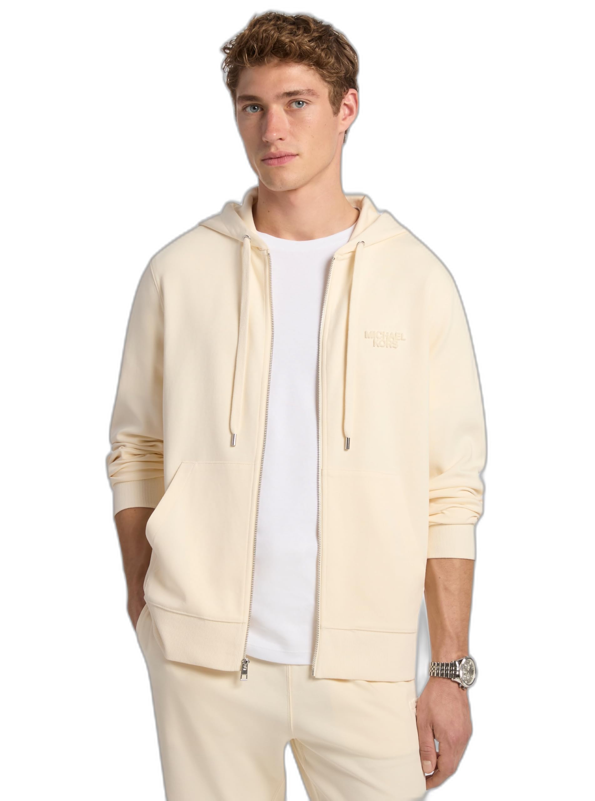 Michael Kors Men’s Tufted Logo Full Zip Hoodie, Bone, XS