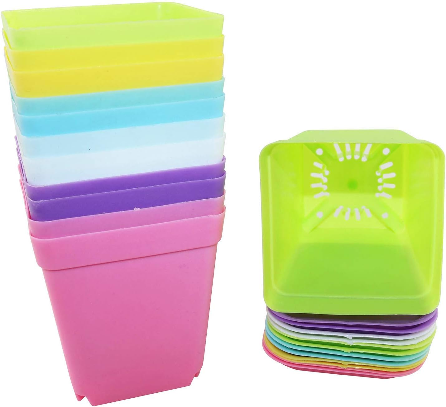 Tegg Flower Pot 12PCS Colorful Thick Square Plastic Plant Nursery Pots Plant Containers with Drainage Hole and Saucers for Garden Desk Home Decor