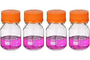 PATIKIL 4 Pack Reagent Media Storage Bottles, 100ml Borosilicate Glass Graduated Round Bottles with Orange GL32 Screw Cap for