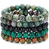BOMAIL 5PCS Semi-Precious Gemstone Bracelet - Healing Crystal Stone Beaded Bracelets for Women Men 8mm Round Beaded Stretch Bracelets Unisex Yoga Bracelets