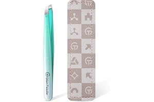 Expert Slant Tip Tweezers with Leather Case, GlamTweeler Sharp & Precision Stainless Steel Tweezer for Eyebrows, Facial Hair and Fine Hairs Removal (Sparkle Mint Green & Silver)