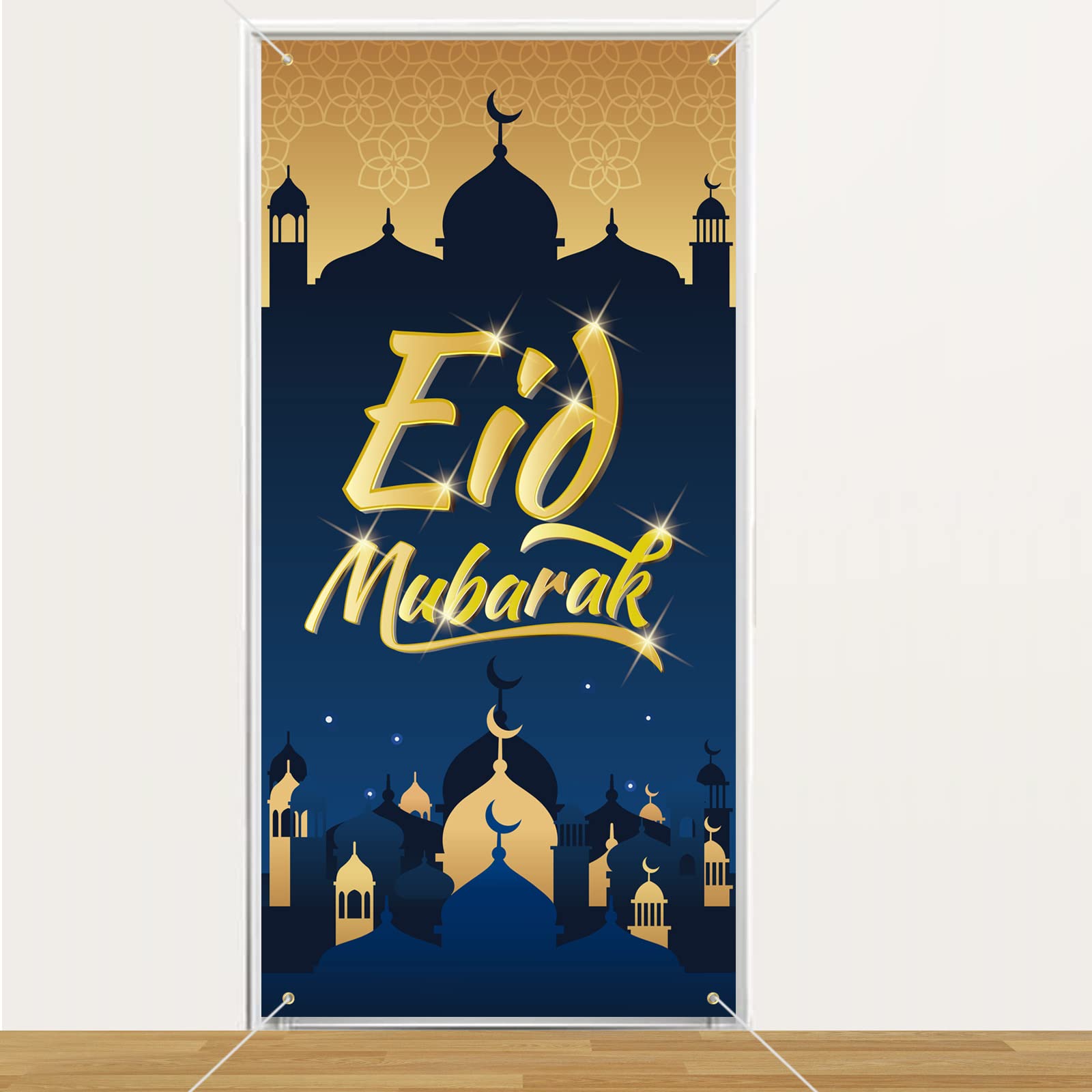 DPKOW Islamic Eid Mubarak Banner Decoration, Fabric Door Banner for Eid Outdoor Wall Door Decoration, Large Backdrop Poster, 185 * 90cm
