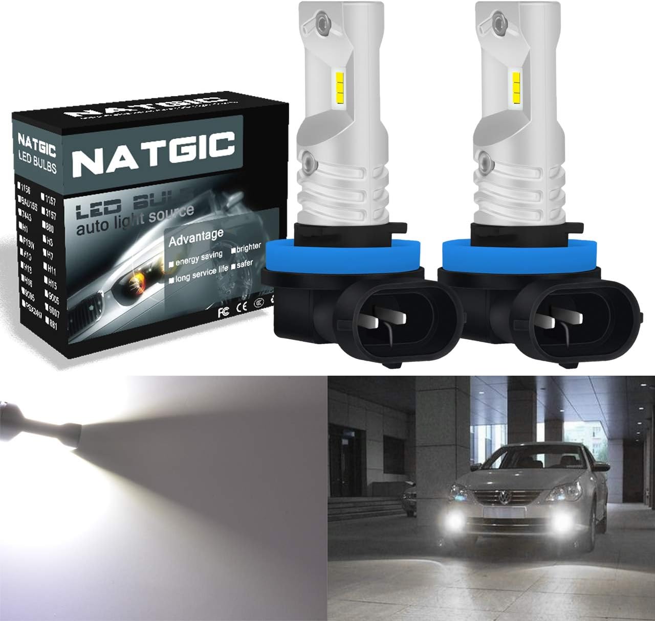 NATGIC H11 H8 H9 Bombillas de luz antiniebla led Xenon White 1700LM CSP Chips para luz antiniebla delantera, 12V-24V (paquete de 2)