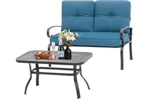 Oakcloud Outdoor 2 Pcs Patio Loveseat Bench Metal Frame Furniture Set with Thick Cushions and Coffee Table, Wrought Iron Look (Peacock Blue)