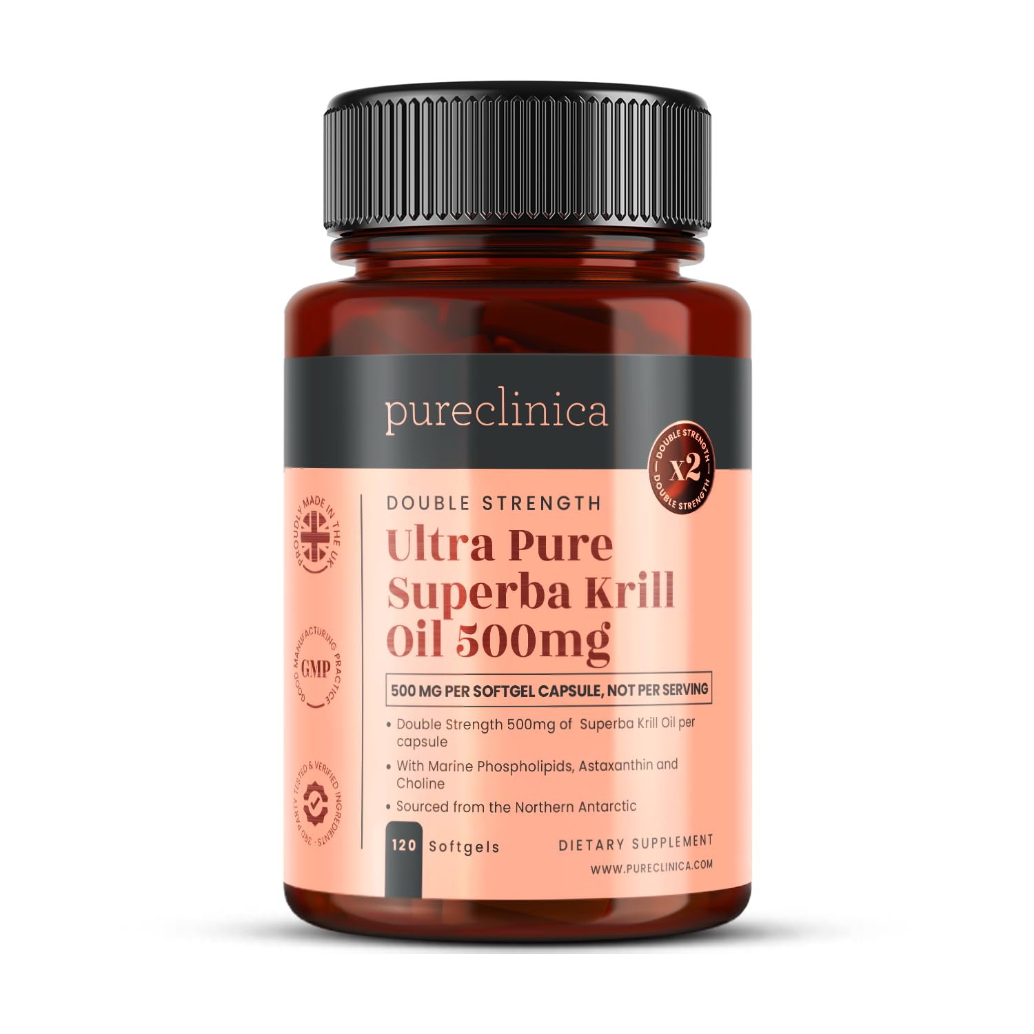 Ultra Pure Superba Krill Oil 500mg x 120 Capsules - sourced in the unpolluted Waters of the Antarctic Providing a Rich Supply of Astaxanthin and Omega 3
