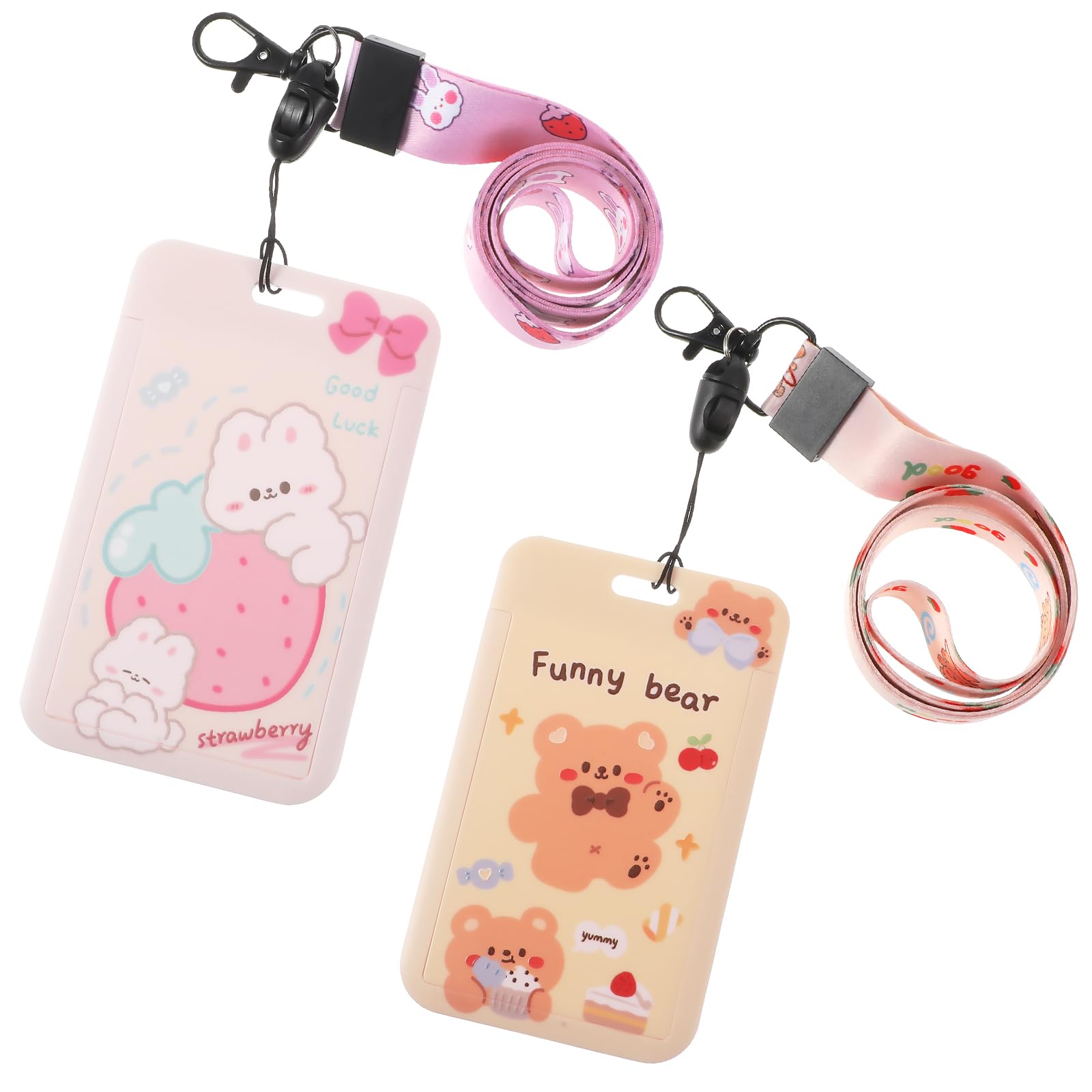Mabor 2Pcs Photocard Holder, ID Badge Holder with Long Lanyard, Slide Open Cute Rabbit Bear Animal Card Holders Stationery for School Student Bus Card ID Credit Cards