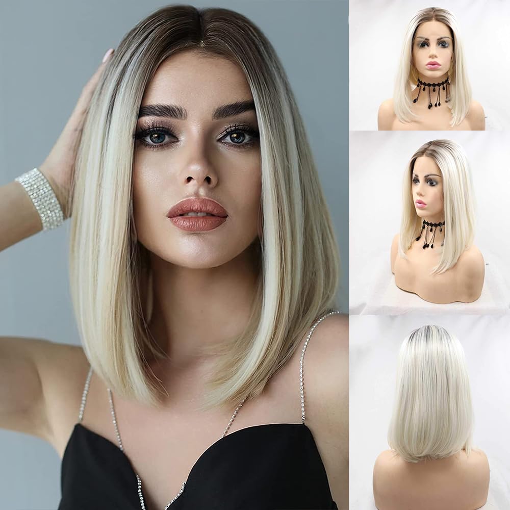 Xiweiya Platinum Blonde Bob Synthetic Lace Front Wigs with Light Roots White Blonde with Brown Roots Lace Front Wig Natural Hairline Hair Replacement Wig for Women 14inch… — image 1