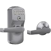 Schlage Electronic Keypad Lock, Lever Handle, Camelot Trim, Satin Chrome | Keypad door lock with handle, Keyless entry, Push button keypad, Auto-lock enabled, Certified security, Easy install, FE575