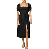 R.Vivimos Summer Dress for Women Cotton Plaid Puff Sleeves Casual Off-Shoulder Boho Side Slit Midi Dress