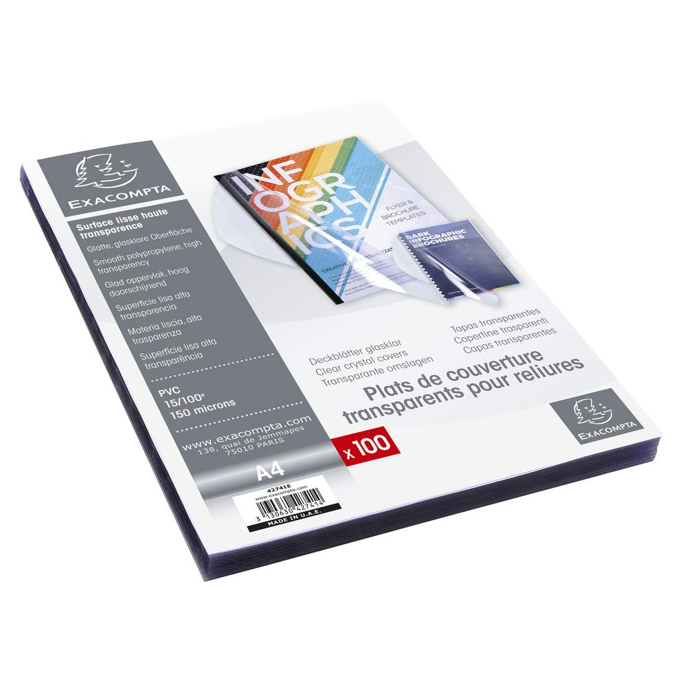 Exacompta - Ref 42741E - PVC Transparent Covers for Presentation Binders - Suitable for Storing A4 Documents, 0.15mm Thick Material - Clear (Pack of 100)