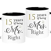 WOSIWULA 15 Year Anniversary Coffee Mugs Set of 2, 15th Wedding Anniversary Decorations Gifts Presents for Couple Parents Women Men Wife Husband Her Him, 11oz