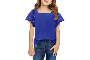 Yoklass Girls Casual Shirts Square Neck Ruffle Sleeve Tops Solid Loose Blouses 5-14 Years