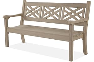 Marcytop 63''W Outdoor Bench, All-Weather Poly Lumber Garden Bench with Decorative Backrest and Curved Armrests, Anti-Rot and Fade-Free Patio Bench for Porch, Backyard, and Park, Grey, 3-Person