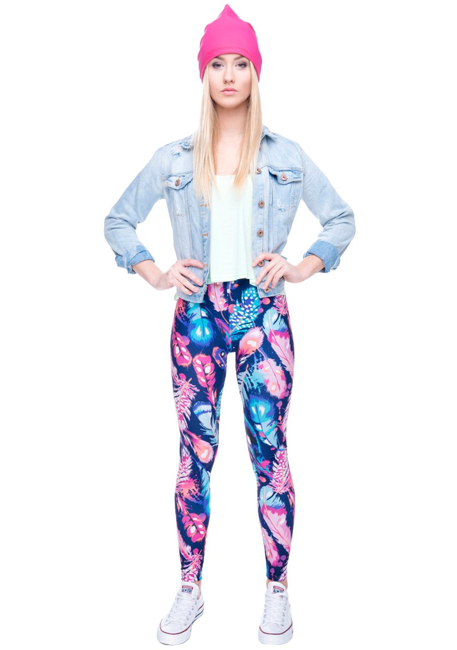 Ayliss Printed Brushed Leggings Regular or Plus Size Stretchy Capirs 22Pattern,Blue Feathers,XS-M