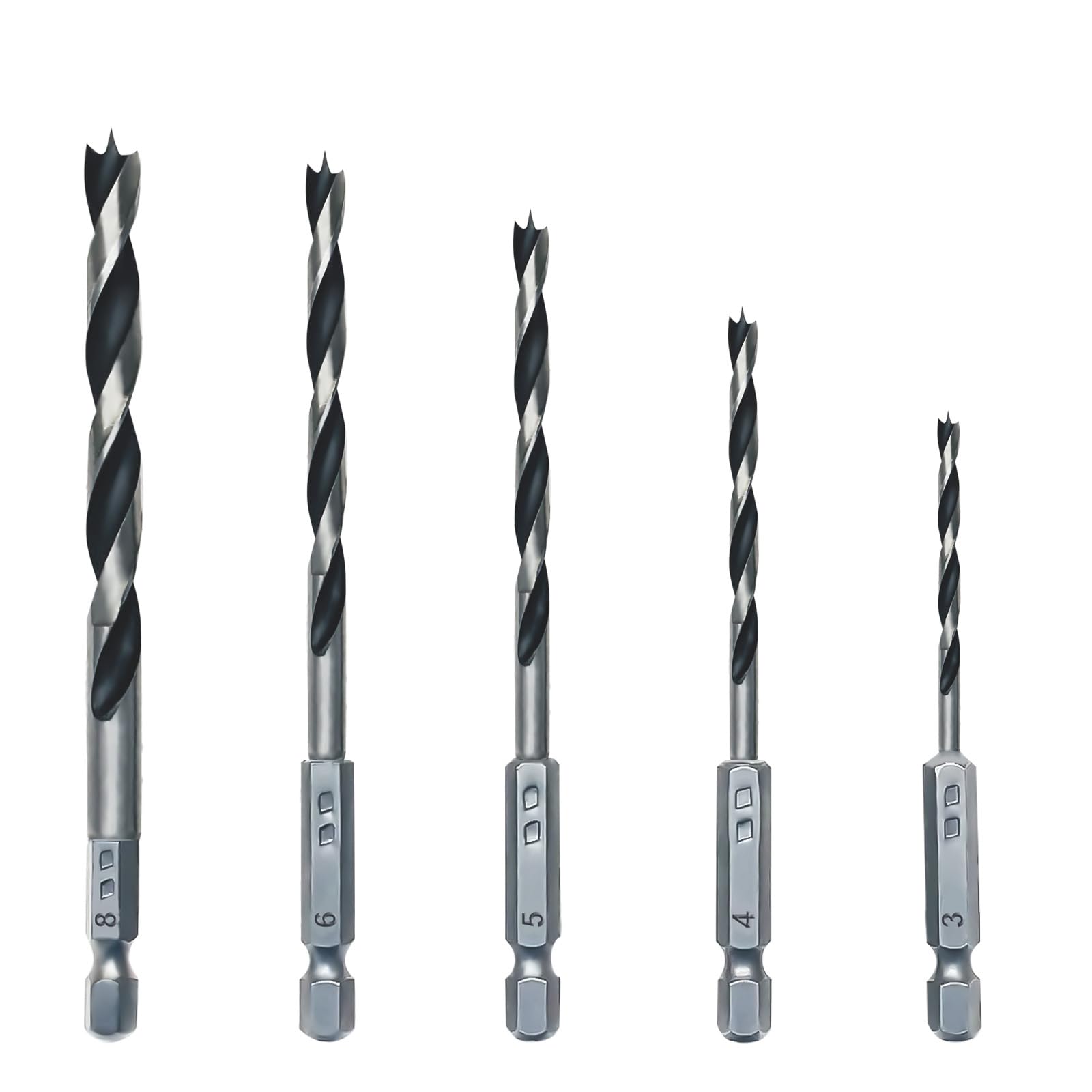 NORTOOLS Brad Point Wood Drill Bit Set with 1/4 inch Hex Shank 5 PCS HCS Wooden Drills for Woodworking DIY Lover Carpenter 3 4 5 6 8 mm