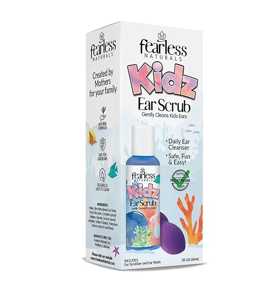 WALLY’S NATURAL KIDS EAR SCRUB EARWAX REMOVAL CLEANSER WASH, CLEANS AWAY WAX, DIRT & OILS, INCLUDES REUSABLE SCRUBBER SPONGE, PEDIATRICIAN-CONSULTED, SAFE FOR KIDS 3+, INFUSED WITH ALOE VERA, 2 FL OZ