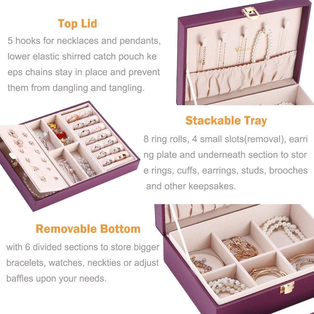 Voova Jewelry Box Organizer for Women Girls, 2 Layer Large Men Jewelry Storage Case, PU Leather Display Jewel Holder with Removable Tray for Necklace Earrings Rings Bracelets, Vintage Gift, Purple: Home Improvement