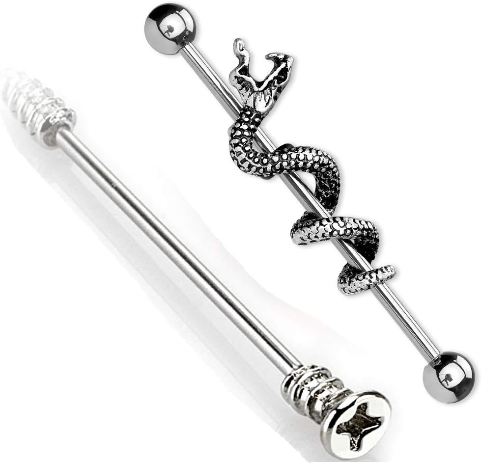 2 Pack Industrial Barbells for Ears Snake Screw Stainless Steel 14g 1 1/2" 38mm Length 5mm Ball