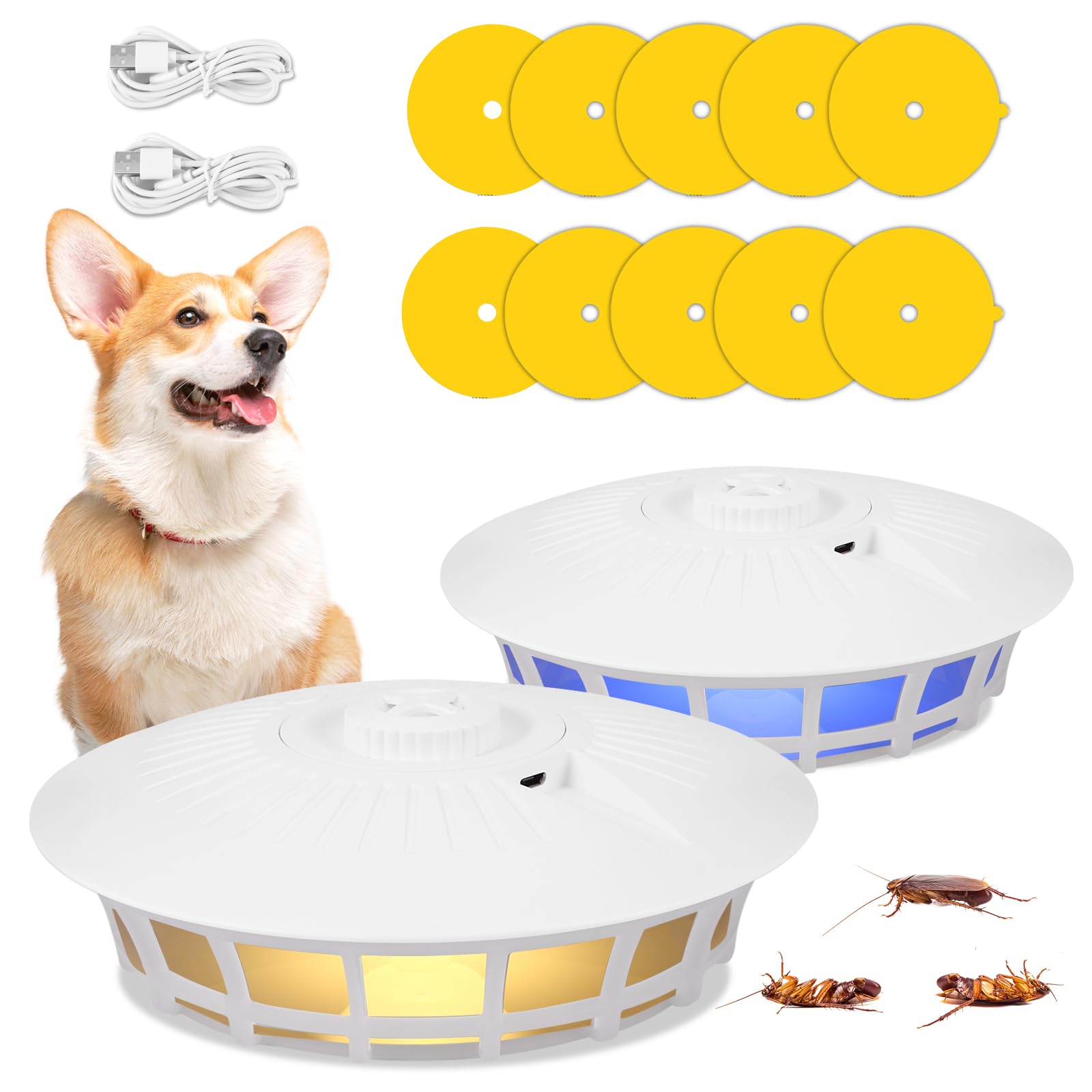 COZHYESS 2 Pack Dome Flea Traps for home, Electric Flea Lamp Traps With 5 Sticky Paper Pads, AAA Battery/USB Powered Electric, Effective Fleas Trap Pest Contro