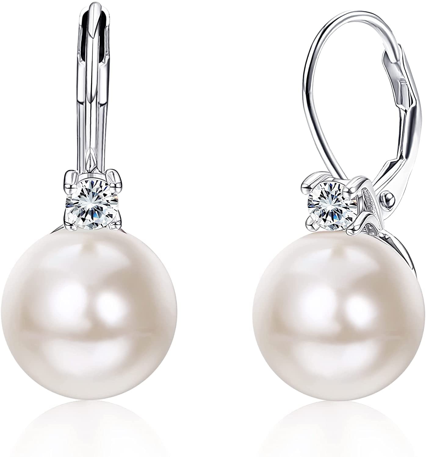 Milacolato 925 Sterling Silver Pearl Earrings for Women 18k White Gold Plated Pearl Drop Earrings with Cubic Zirconia Earring Leverback Dangle Earrings With Gift Boxed White