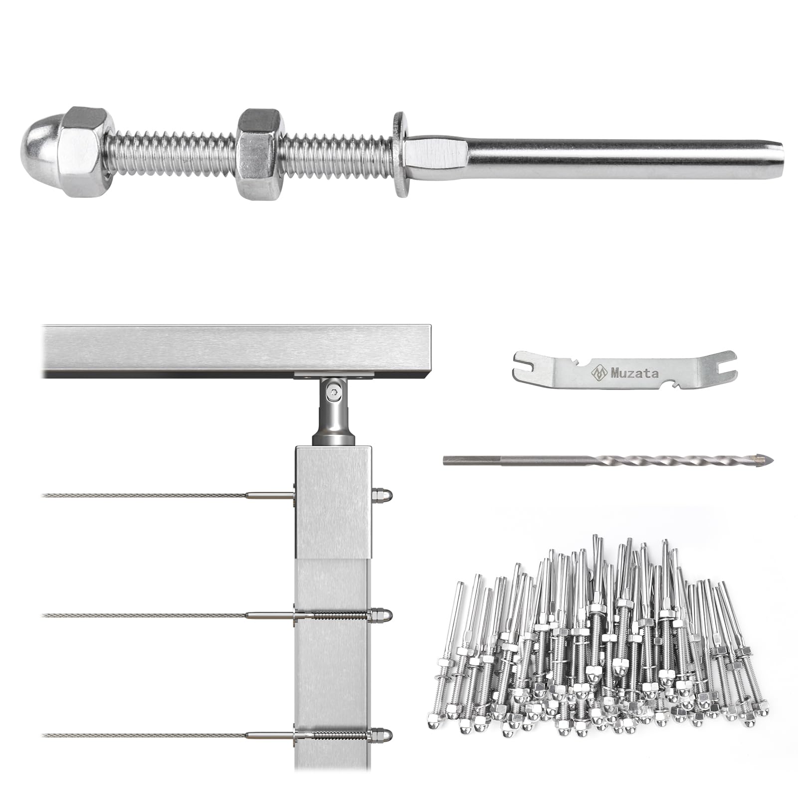 Photo 1 of Muzata 60 Pack 1/8" Cable Railing Hardware Kit Hand Swage Threaded Stud Tensioner for 2x2 Metal Post T316 Stainless Steel Deck Cable Railing System CR23