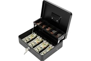 Sgorlds Large Locking Cash Box with Key Lock and Money Tray, Money Box with Cash Tray, Lock Safe Box for Office Business (Matte Black Side-Key)