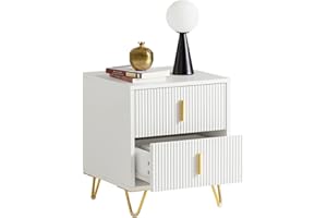 SoBuy White Nightstand with 2 Drawers – Modern Fluted Bedside Table with Metal Handles & Feet, Small Accent Storage Cabinet for Bedroom, FBT115-W